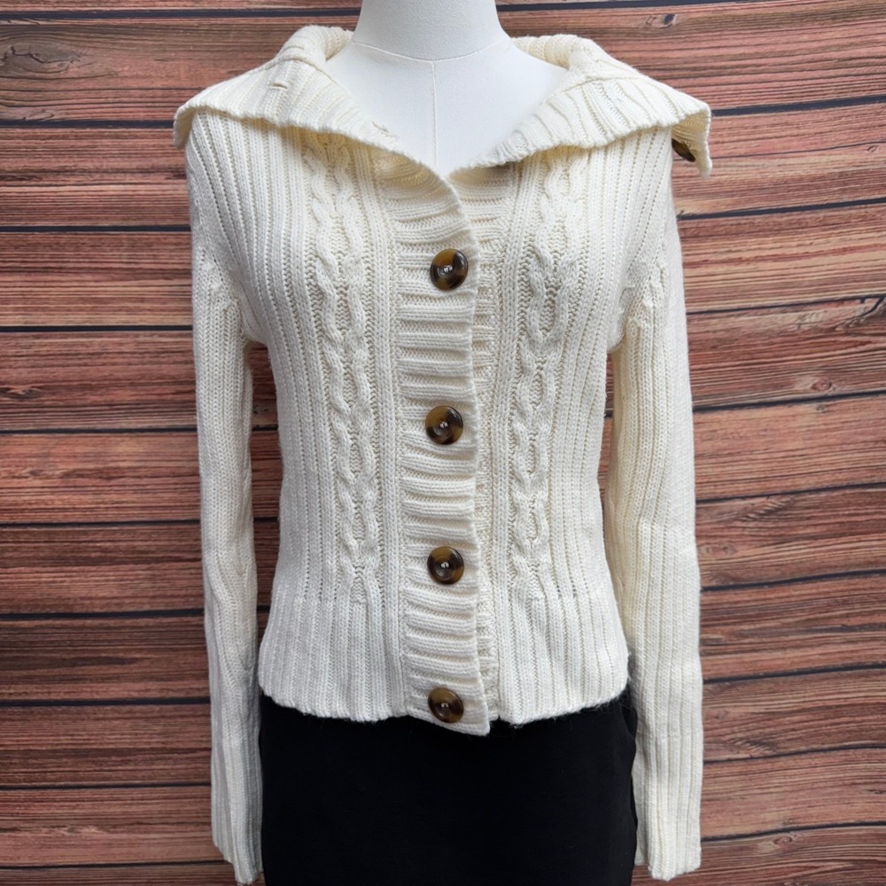 Energie Authentic Women's Large Ivory Cable Knit Shawl Collar Cardigan Y2K - Picture 2 of 15